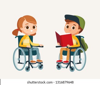 Children Kids boy and girl with disability sit in wheelchairs. Рeople with disability