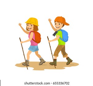 Children, kids, boy and girl hiking, camping, walking, trekking scene isolated vector illustration