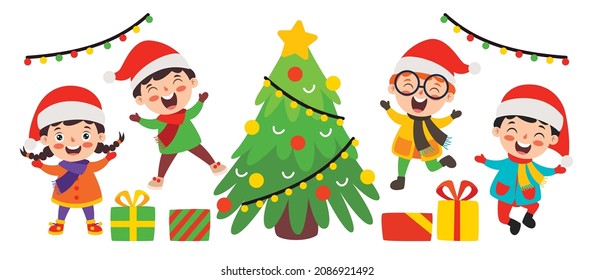 Children or kids celebrating christmas and new year around a christmas tree with gifts and christmas lights illustration vector. merry christmas and happy new year 