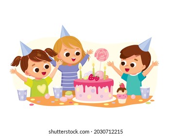 Children kids cheerful exited and happy sitting by table at Birthday party congratulate greet host with hands up and looking at Birthday cake. Vector illustration.