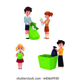 Children, kids collect garbage for recycling, segregating trash, cartoon vector illustration isolated on white background. Garbage recycling for kids, trash, rubbish segregation, waste sorting