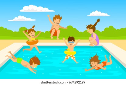 children kids, cute boys and girls swimming diving jumping into pool scene background