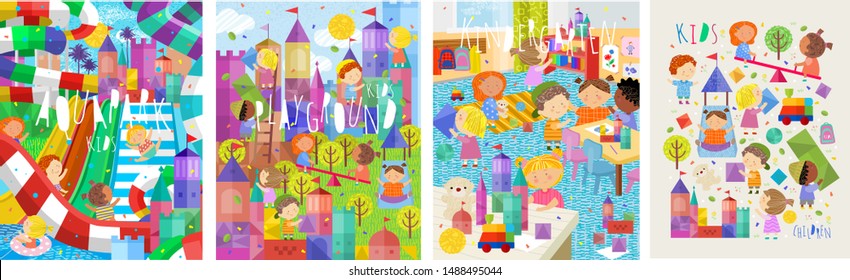 Children and kids! Cute vector illustrations of children on a playground in the street, in the aquapark and in a kindergarten in the room. Drawings of boys and girls playing games