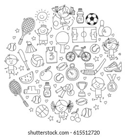 Children Kids Fitness and Sport vector icons for banners, posters, web design