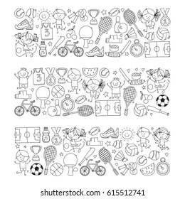 Children Kids Fitness and Sport vector icons for banners, posters, web design