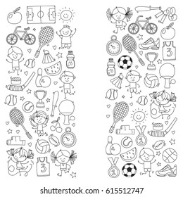 Children Kids Fitness and Sport vector icons for banners, posters, web design