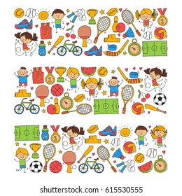 Children Kids Fitness And Sport Vector Icons For Banners, Posters, Web Design