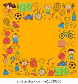Children Kids Fitness and Sport vector icons for banners, posters, web design