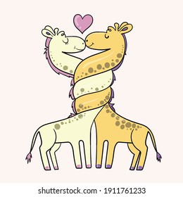 For children and kids hand drawing sweet cute giraffes lovers couple lovers. Love theme. Vector. Isolated from background
