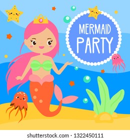 Children and kids holiday party invitation template with cute mermaid in cartoon style