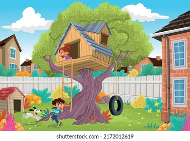 Children Kids Play Arond Tree House. Cartoon Kids Playing With Dog In The Yard. 

