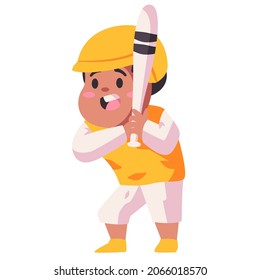 children kids play baseball with yellow helmet and costume holding bat modern flat color isolated background vector illustration
