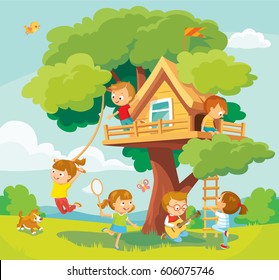 Children kids play hanging out arond tree house, tree fort, treeshed summer camp activities leisure. Child hangout. Children fooling around, having fun in fine good mood outdoors adventures.