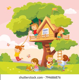 Children Kids Play Hanging Out Arond Tree House, Tree Fort, Treeshed Summer Camp Activities Leisure. Child Hangout. Children Fooling Around, Having Fun In Fine Good Mood Outdoors Adventures.