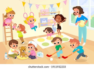 Children, kids play together having fun, fooling around in fine good mood, on playroom, playground. Preschool kids have fun. Children's activity in the kinder garden, primary school.