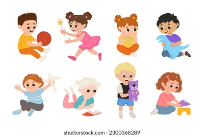 Children, kids play together having fun, fooling around in fine good mood, on playroom, playground. Preschool kids have fun. Children's activity in the kinder garden, primary school.