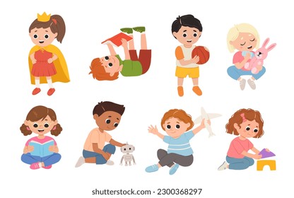 Children, kids play together having fun, fooling around in fine good mood, on playroom, playground. Preschool kids have fun. Children's activity in the kinder garden, primary school.