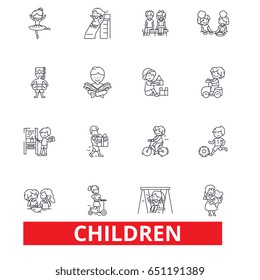 Children, kids, playing, baby, family, happy, girl, boy, teenager, playground line icons. Editable strokes. Flat design vector illustration symbol concept. Linear signs isolated on white background