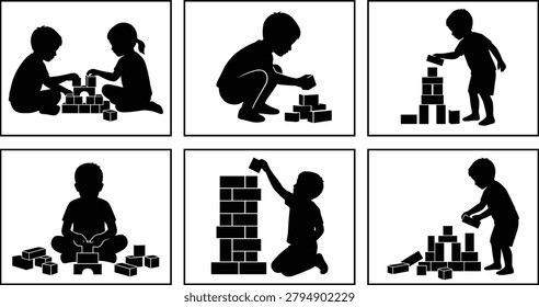 children, kids, playing, building, blocks, toy, silhouette, education, learning, creativity, childhood, activity, development, game, vector, illustration, collection, playful, preschool, design
