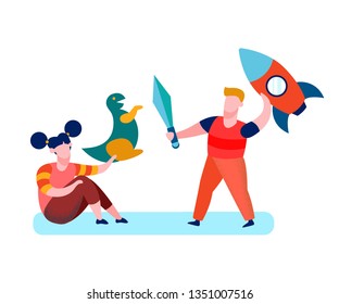 Children, Kids Playing Cartoon Vector Illustration. Little Boy Attacking with Plush Sword. Toys Shop Promotion, Advertisement. Green T-Rex, Red Rocket. Classmates Flat Color Characters