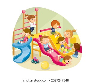 Children kids playing having fun, fooling around in fine good mood, on playroom, playground go down slide, hanging on ladder. Kids in daycare center, preschool. Vector illustration. Flat design.