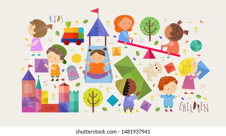 Children and kids! Set of objects: vector illustrations of cute boys and girls on a playground on the street, on a swing, children build a town and a tower, ride a slide and play. 