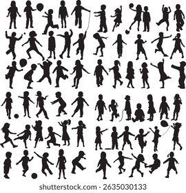 children, kids, silhouettes, playing, boys, girls, child, kid, silhouette, play, active, happy, fun, toddler, preschool, elementary, school, group, collection, set, vector, illustration, graphic, 