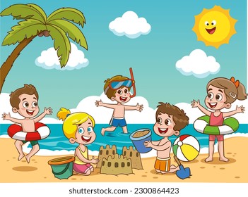 Niños tomando el sol nadando en el mar en el campamento infantil de verano a orillas de la playa. Un niño pequeño está jugando con la pelota. Los niños de la playa están construyendo un castillo de arena.