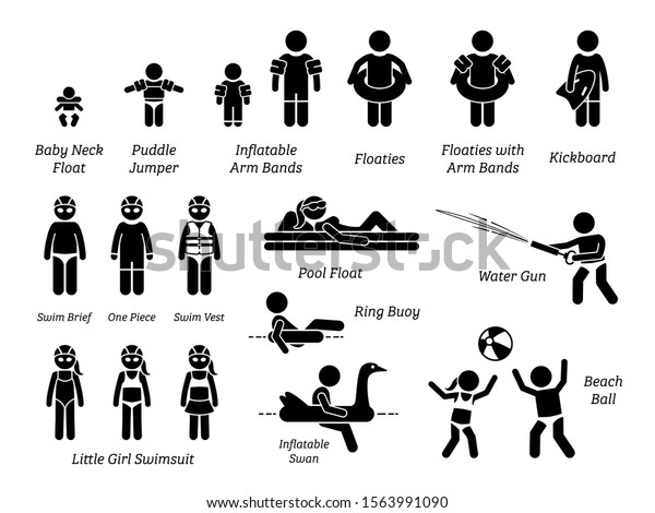 Children and kids swimming aids, safety\
equipment, recreational gears, and swimming pool water toys stick\
figure icons pictogram. Illustration cliparts of baby, toddler, and\
children swimming\
product.