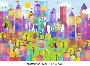 Children And Kids! Vector Illustrations Of Cute Boys And Girls On A Playground On The Street, On A Swing, Children Build A Town And A Tower, Ride A Slide And Play. Drawings For Poster Or Background 