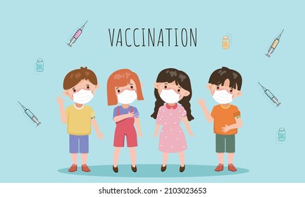 Children kids wearing a face mask to get safety vaccine to protection from coronavirus covid-19.