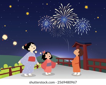 Children in kimono and yukata, Japanese culture, are enjoying fireworks on the night of the Fireworks Festival cartoon illustration design