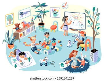 Children in kindergarten flat illustration. Kids in primary school classroom, nursery room. Boys and girls drawing, playing with toys, reading cartoon characters isolated design element