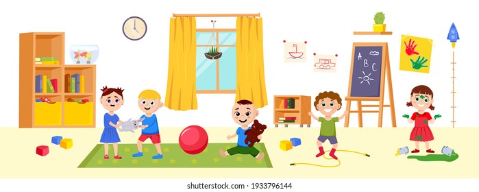 Niños en un jardín de infantes. Comportamiento de grupo. Niños jugando. Guardería. Escuela de enfermería. Feliz concepto infantil. Ilustración vectorial editable en estilo de dibujo plano. Fondo horizontal.
