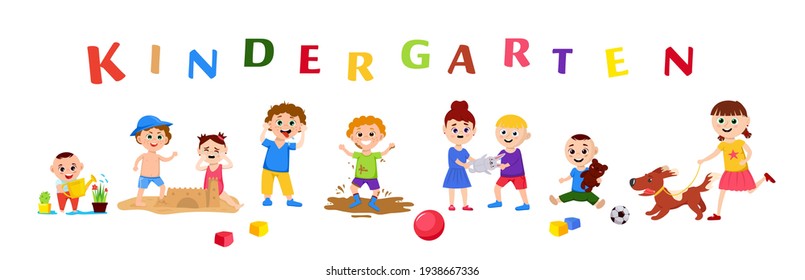 Children in a kindergarten. Group behavior. Kids playing. Day care center. Nursery school. Happy childhood concept. Editable vector illustration in flat cartoon style. Horizontal background.