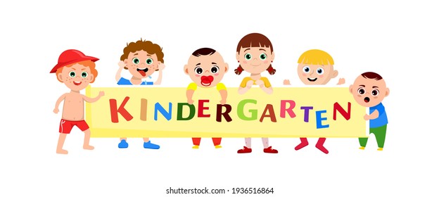 Niños en un jardín de infantes. Grupo de niños sosteniendo la pancarta. Guardería. Escuela de enfermería. Feliz concepto infantil. Ilustración vectorial editable en estilo de dibujo plano. Fondo horizontal.