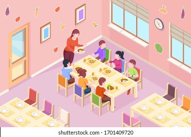 Children at kindergarten having meal. Kids teacher bringing healthy food at dinner or breakfast time. Classroom with boys and girls at eat table. Dining room interior design. Preschool illustration