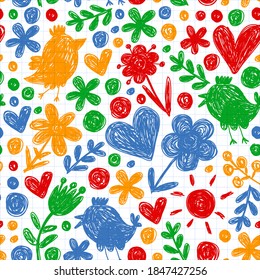 Children kindergarten pattern with flowers and birds. Kids floral vector llustration.