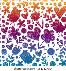 Children kindergarten pattern with flowers and birds. Kids floral vector llustration.
