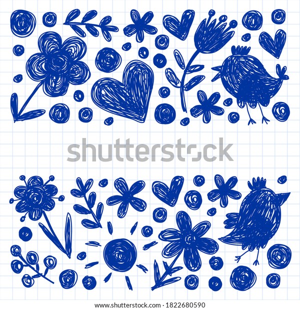 Children kindergarten pattern with flowers\
and birds. Kids floral vector\
llustration.