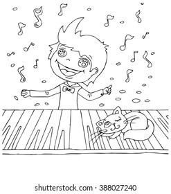 the children kindergarten play music instruments hand drawn outline for coloring isolated on the white background