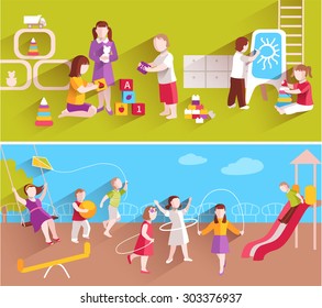 Children in kindergarten playing on ground and indoors horizontal banner set isolated vector illustration