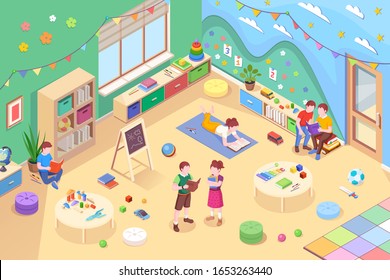 Children At Kindergarten Reading Books. Isometric Vector Playroom With Preschool Kids Reading Textbook. Child On Carpet With Literature. Boy And Girl Learning. Room Interior. Childhood Study, Teaching