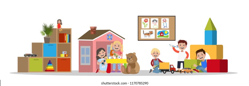 Children in kindergarten room play with different toys. Smiling cute girl with doll and boy with car. Playroom for child. Isolated vector flat illustration