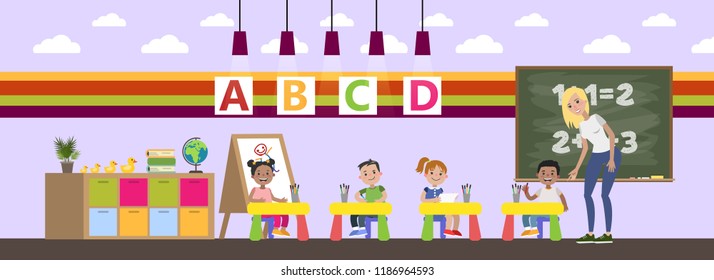 Children in kindergarten room play with different toys. Preschool kids study in classroom. Class for child. Isolated vector flat illustration