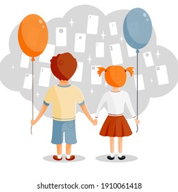 Children in kindergarten speak to their parents who are not visible behind the phones. Vector illustration.