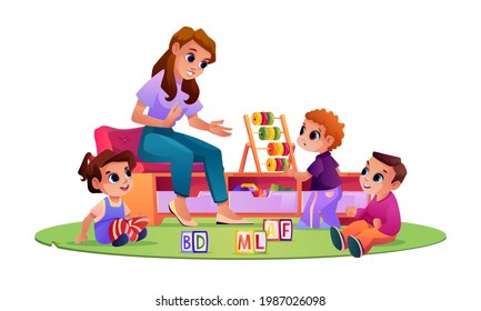 Children and kindergarten teacher at playground playing and studying. Kids listening to educator telling stories and explaining material. Boys and girl with toys. Cartoon character, vector in flat