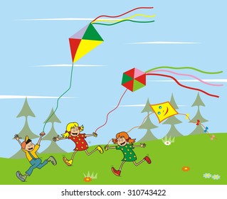 children and kites, vector illustration