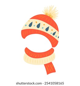Children knit hat in flat design. Cute warm head accessory with scarf. Vector illustration isolated.
