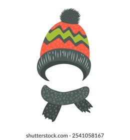 As crianças tricotam o chapéu no design plano. Gorro ornamentado com pom-pom e cachecol. Ilustração vetorial isolada.